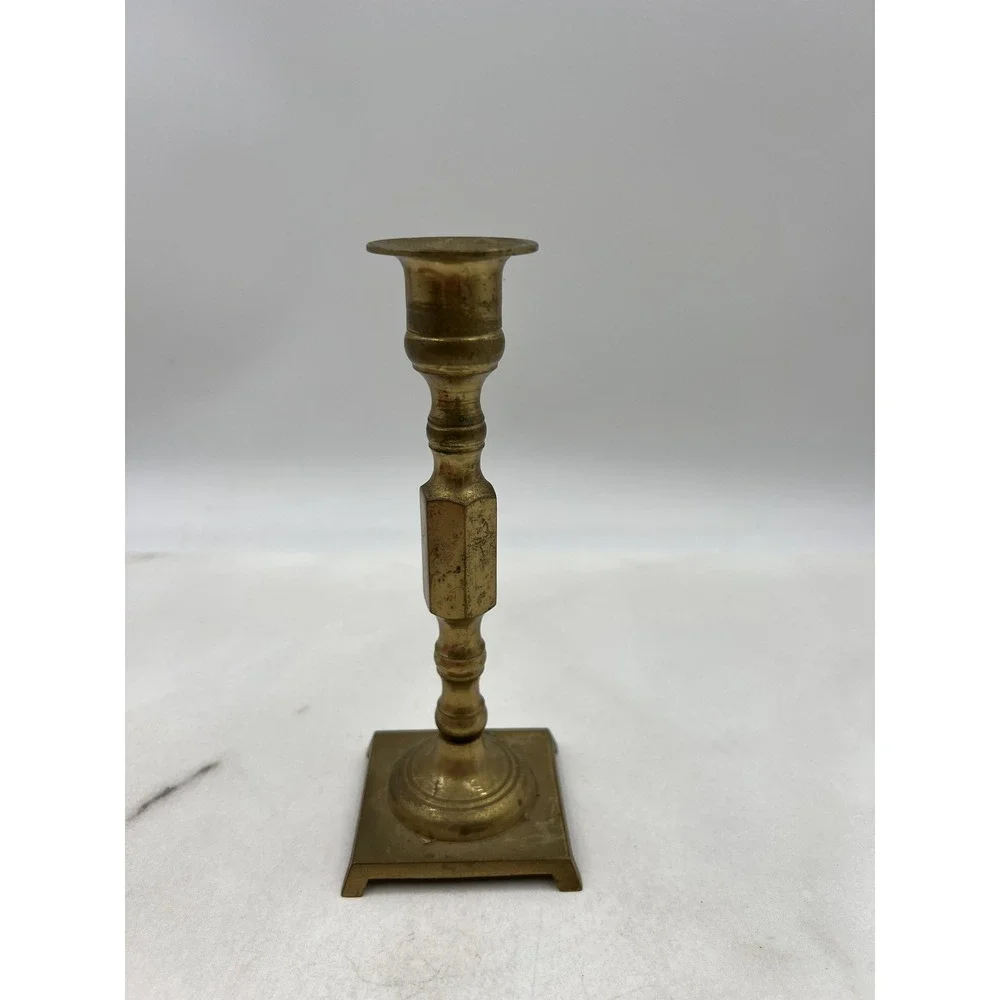 Vintage Solid Brass Candlestick Holder Square Footed Base Made in Japan 7 Inch